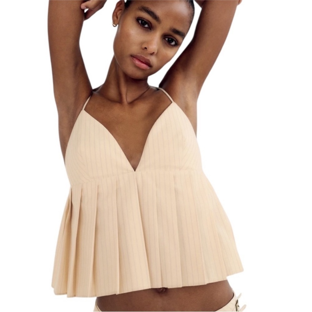 NWT Zara Striped Print Pleated Cropped Peplum Babydoll Cami Top
